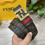 图片包装＋10 Fendi 芬迪 专柜同款 宽4.0Cm 双环正反用腰带 Ff按钉搭扣 红色Cuoio Romano皮革材质 反面面料带有烟草黄和黑色Ff图案