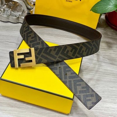 Fendi 芬迪 专柜同款 双环正反用腰带 Ff按钉搭扣 棕色Cuoio Romano皮革材质 反面面料带有烟草黄和黑色Ff图案 黑色珐琅金属饰面 时尚经典 百