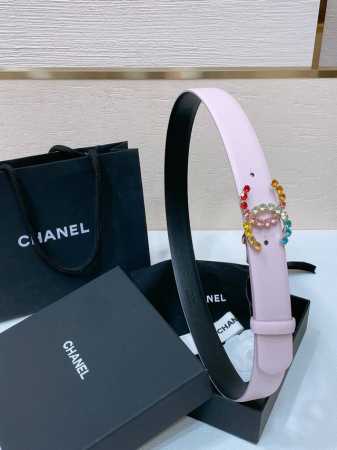 Chanel 24C 水钻粉 红 兰 青 黄彩色金属 Logo搭扣 黄铜金属进口胎牛皮平纹带身 手感柔软 细腻 3.0Cm - 点击图像关闭