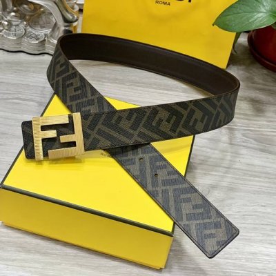 图片包装＋10 Fendi 芬迪 专柜同款 双环正反用腰带 Ff按钉搭扣 棕色cuoio Romano皮革材质 反面面料带有烟草黄和黑色ff图案 黑色珐琅金属饰