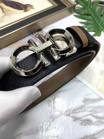 菲拉格慕：原单头层牛皮荔枝纹身，黑色与土黄双色一体，配全套包装 两面均可佩戴、五金可随意搭配，可裁剪，原产皮料定制，专柜宽度3.5Cm - 点击图像关闭