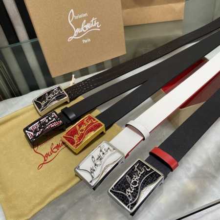 3.8宽christian Louboutin 男士ricky标志性徽标搭扣黑色腰带红色底，双面牛皮。 - 点击图像关闭