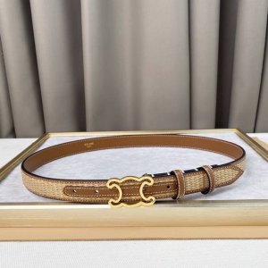 赛琳Triomphe中号织物和牛皮革腰带 黄褐色 织物和牛皮革 Triomphe 配领扣带扣