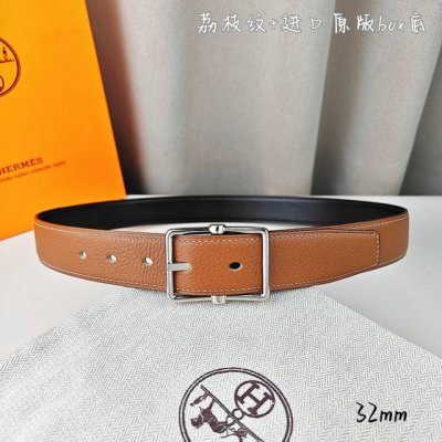 HermèS 爱马仕针扣 原单品质 进口头层牛皮 土黄色荔枝纹搭配黑色平纹 32Mm宽 双面可用 配官网H亮金 亮银扣