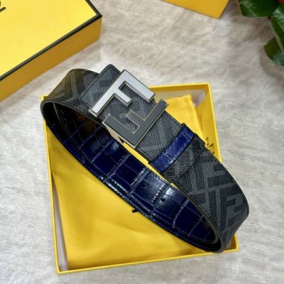 图片包装＋10 Fendi 芬迪 专柜同款 宽4.0Cm 双环正反用腰带 Ff按钉搭扣 兰色Cuoio Romano皮革材质 反面面料带有烟草黄和黑色Ff图案