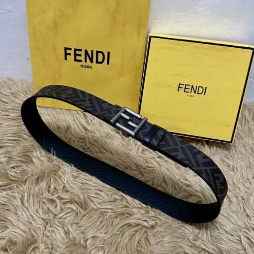 Fendi 芬迪 全套包装 专柜同款 宽4.0Cm 双环正反用腰带 Ff按钉搭扣 黑色Cuoio Romano皮革材质 反面面料带有烟草黄和黑色Ff图案 四方金