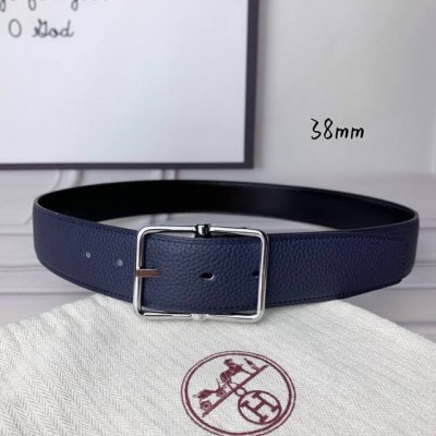 HermèS 爱马仕针扣 原单品质 头层牛皮 深蓝色荔枝纹搭配黑色平纹 38Mm宽 双面可用 配官网H亮银扣 DDD