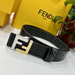 Fendi 芬迪 专柜同款 宽4.0Cm 双环正反用腰带 Ff按钉搭扣 黑色cuoio Romano皮革材质 反面面料带有烟草黄和黑色ff图案 四方金属饰面 时