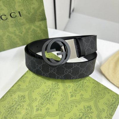 特 Gucci 473030 Kgdhhn 黑灰Supreme Pvc老花 小牛皮黑底 宽度3.7Cm 圆双G旋转扣 双面可用 可裁剪