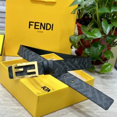 Fendi芬迪专柜同款 宽3.0Cm 双环正反用腰带 Ff按钉搭扣 黑色Cuoio Romano皮革材质 反面面料带有烟草灰和黑色Ff图案 黑色珐琅金属饰面 时