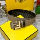 Fendi芬迪专柜同款 宽4.0Cm 双环正反用腰带 Ff按钉搭扣 Cuoio Romano皮革材质 反面面料带有烟草黄和黑色Ff图案 黑色珐琅金属饰面 时尚经