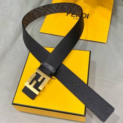 特P170 Fendi（芬迪）专柜同款 宽4.0Cm 双环正反用腰带 Ff按钉搭扣 黑色Cuoio Romano皮革材质 反面面料带有烟草灰和黑色Ff图案 黑色