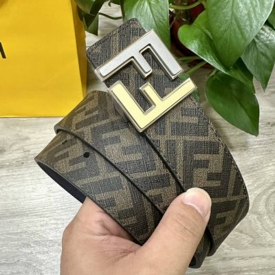 图片包装＋10 Fendi 芬迪 专柜同款 宽4.0Cm 双环正反用腰带 Ff按钉搭扣 深蓝色Cuoio Romano皮革材质 反面面料带有烟草黄和黑色Ff图案