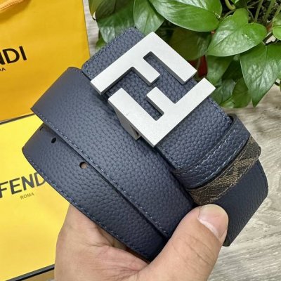 图片包装＋10 Fendi 芬迪 专柜同款 宽4.0Cm 双环正反用腰带 Ff按钉搭扣 深蓝色Cuoio Romano皮革材质 反面面料带有烟草黄和黑色Ff图案