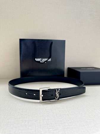 宽度3.0Cm Saint Laurent圣罗兰ysl Monogram鳄鱼纹压印皮革方扣窄腰带黑色女款 - 点击图像关闭