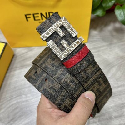 图片包装＋10 Fendi 芬迪 专柜同款 宽4.0Cm 双环正反用腰带 Ff按钉搭扣 红色Cuoio Romano皮革材质 反面面料带有烟草黄和黑色Ff图案