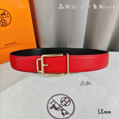 Hermè 爱马仕 双头尖 双面原版 原单品质 进口头层牛皮 大红色荔枝纹搭配黑色平纹 寸半38Mm 配H官网新款金 银 黑扣