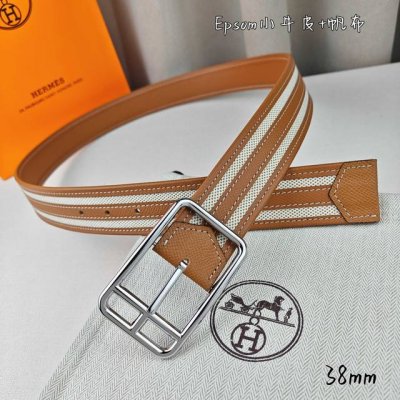 HermèS 爱马仕 新款针扣皮带 原单品质 原版Epsom小牛皮搭配帆布材质 土黄色 38Mm宽 配官网亮金 亮银扣 可翻转五金两面可用