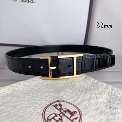 HermèS 爱马仕针扣皮带 原单品质 头层牛皮 黑色鳄鱼纹搭配黑色平纹 32Mm宽 双面可用 配官网H亮金 亮银扣