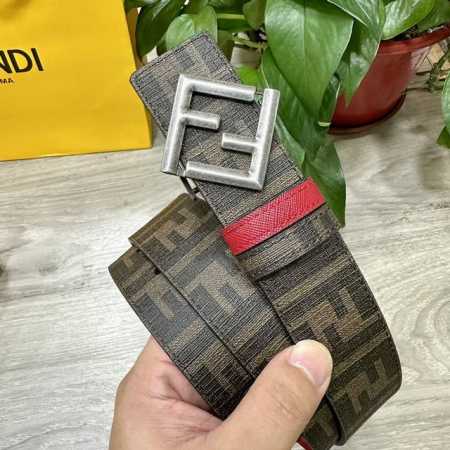 图片包装＋10 Fendi 芬迪 专柜同款 宽4.0Cm 双环正反用腰带 Ff按钉搭扣 红色Cuoio Romano皮革材质 反面面料带有烟草黄和黑色Ff图案 - 点击图像关闭