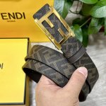 图片包装＋10 Fendi 芬迪 专柜同款 宽3.5Cm 双环正反用腰带 Ff按钉搭扣 咖啡色Cuoio Romano皮革材质 反面面料带有烟草黄和黑色Ff图案
