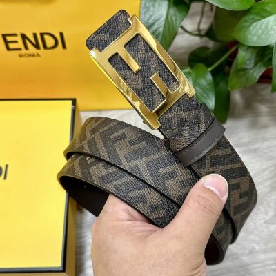 图片包装＋10 Fendi 芬迪 专柜同款 宽3.5Cm 双环正反用腰带 Ff按钉搭扣 咖啡色Cuoio Romano皮革材质 反面面料带有烟草黄和黑色Ff图案