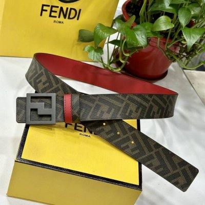 Fendi 芬迪 专柜同款 宽4.0Cm 双环正反用腰带 Ff按钉搭扣 红色Cuoio Romano皮革材质 反面面料带有烟草黄和黑色Ff图案 四方金属饰面 时