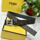 特P180 Fendi（芬迪）专柜同款 宽4.0Cm 双环正反用腰带 Ff按钉搭扣 兰色Cuoio Romano皮革材质 反面面料带有烟草黄和黑色Ff图案 四方