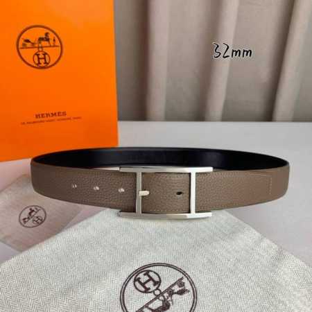 HermèS 爱马仕针扣 原单品质 进口头层牛皮 灰色荔枝纹搭配黑色平纹 32Mm宽 双面可用 配官网H亮金 亮银扣 - 点击图像关闭