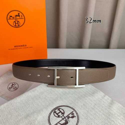HermèS 爱马仕针扣 原单品质 进口头层牛皮 灰色荔枝纹搭配黑色平纹 32Mm宽 双面可用 配官网H亮金 亮银扣