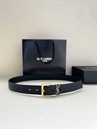 宽度3.0Cm Saint Laurent圣罗兰Ysl Monogram 荔枝纹压印皮革方扣窄腰带黑色女款 - 点击图像关闭