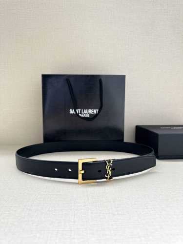 宽度3.0Cm Saint Laurent圣罗兰Ysl Monogram 荔枝纹压印皮革方扣窄腰带黑色女款