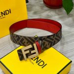 Fendi 芬迪 专柜同款 宽4.0Cm 双环正反用腰带 Ff按钉搭扣 大红色cuoio Romano皮革材质 反面面料带有烟草黄和黑色ff图案 四方满钻金属饰