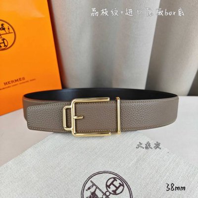 Hermè 爱马仕 双头尖 双面原版 原单品质 进口头层牛皮 大象灰色荔枝纹搭配黑色平纹 寸半38Mm 配H官网新款金 银 黑扣
