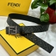 Fendi 芬迪 专柜同款 宽4.0Cm 双环正反用腰带 Ff按钉搭扣 黑色Cuoio Romano皮革材质 反面面料带有烟草黄和黑色Ff图案 四方金属饰面 时