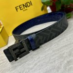 Fendi 芬迪 专柜同款 宽4.0Cm 双环正反用腰带 Ff按钉搭扣 兰色Cuoio Romano皮革材质 反面面料带有烟草黄和黑色Ff图案 四方金属饰面 时