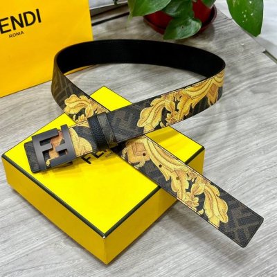 fendi 芬迪 专柜同款 宽4.0Cm 双环正反用腰带 Ff按钉搭扣 黑色Cuoio Romano皮革材质 反面面料带有烟草黄和黑色Ff图案 四方满钻金属饰面