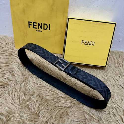 Fendi 芬迪 全套包装 专柜同款 宽4.0Cm 双环正反用腰带 Ff按钉搭扣 黑色Cuoio Romano皮革材质 反面面料带有烟草黄和黑色Ff图案 四方金