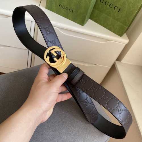 特 Gucci -古驰 宽： 3.7Cm 意大利原厂压花皮 黑咖双面可用 精品纯铜旋转扣 。