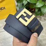 图片包装＋10 Fendi 芬迪 专柜同款 宽4.0Cm 双环正反用腰带 Ff按钉搭扣 深蓝色Cuoio Romano皮革材质 反面面料带有烟草黄和黑色Ff图案