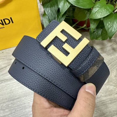 图片包装＋10 Fendi 芬迪 专柜同款 宽4.0Cm 双环正反用腰带 Ff按钉搭扣 深蓝色Cuoio Romano皮革材质 反面面料带有烟草黄和黑色Ff图案
