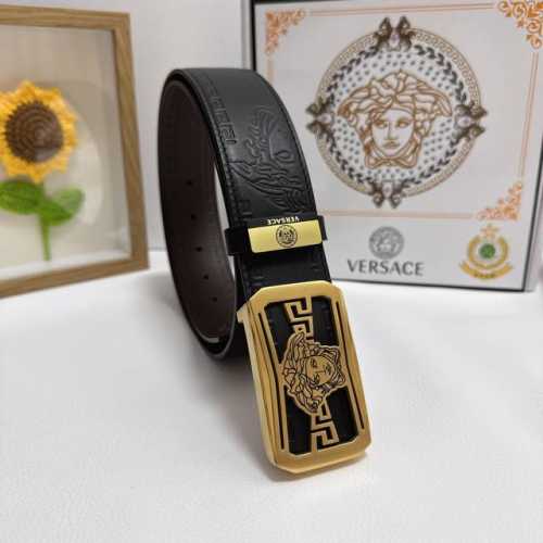 品名：Versace.范思哲 材质：原单牛皮腰带 百分百头层牛皮腰带保证真皮，24K纯钢扣，专柜原单品质、做工精细，时尚大牌，送人自用首选 包装： 请认准如图专