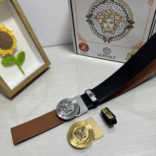 品名：Versace.范思哲 材质：原单牛皮腰带 百分百头层牛皮腰带保证真皮，24K纯钢扣，专柜原单品质、做工精细，时尚大牌，送人自用首选 包装： 请认准如图专