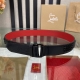 特 3.8宽Christian Louboutin 男士Ricky标志性徽标搭扣黑色腰带红色底，双面牛皮。