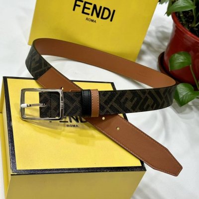 特 Fendi芬迪专柜同款 宽35Mm 双环正反用腰带 Ff按钉搭扣 棕色Cuoio Romano皮革材质 反面面料带有烟草黄和棕色Ff图案 针扣金属饰面 时尚