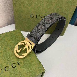 G U C C I 頂級品质 寬度3.7Cm一面專用訂製灰色帆布面料 衬托原厂猪皮纹灰色底 全新開模旋轉精密電鍍搭扣 对版专柜