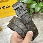 图片包装＋10 Fendi 芬迪 专柜同款 宽3.5Cm 双环正反用腰带 Ff按钉搭扣 咖啡色Cuoio Romano皮革材质 反面面料带有烟草黄和黑色Ff图案