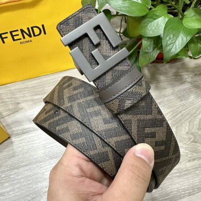 图片包装＋10 Fendi 芬迪 专柜同款 宽3.5Cm 双环正反用腰带 Ff按钉搭扣 咖啡色Cuoio Romano皮革材质 反面面料带有烟草黄和黑色Ff图案