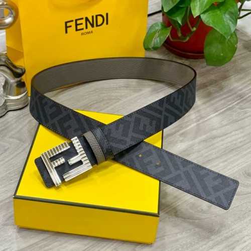 Fendi芬迪专柜同款 宽4.0Cm 双环正反用腰带 Ff按钉搭扣 灰色Cuoio Romano皮革材质 反面面料带有烟草灰和黑色Ff图案 黑色珐琅金属饰面 时