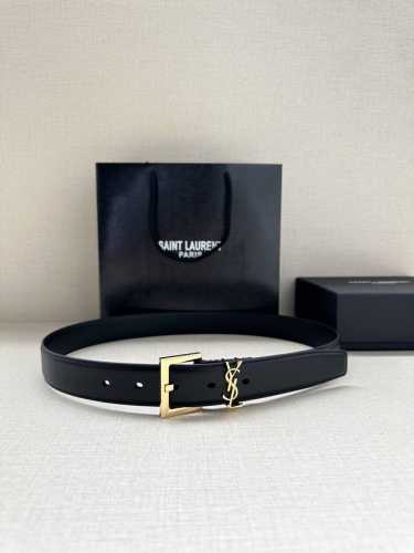 特 宽度3.0Cm Saint Laurent圣罗兰Ysl Monogram爆款粒面皮带搭配方扣窄腰带黑色女款